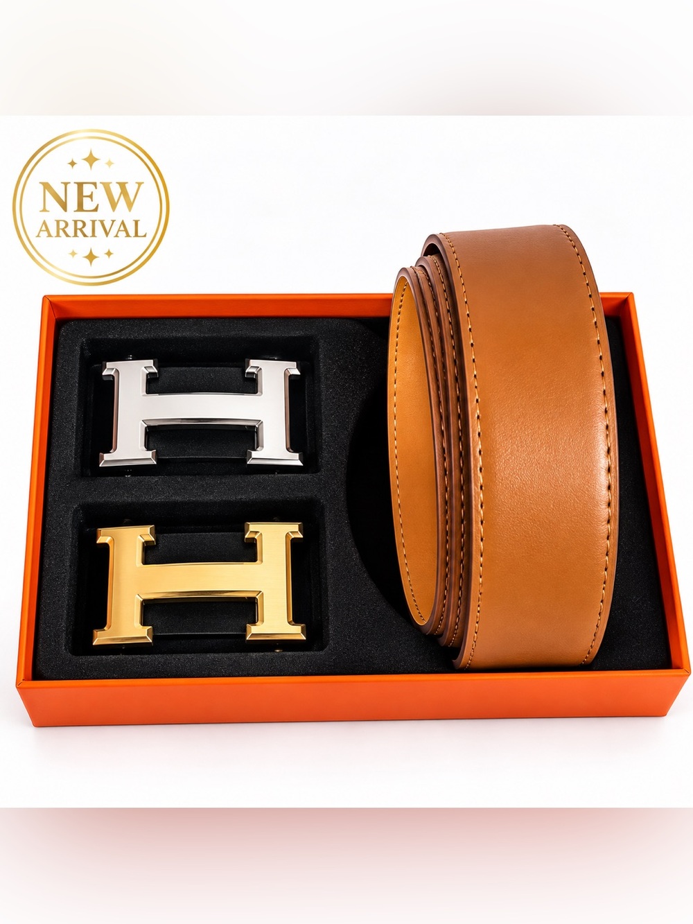 🤎 Men’s Reversible Belt Set — Tan Leather with Gold & Silver Buckles 🤎